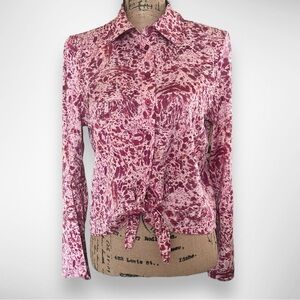 MAISON‎ D'AMELIE Women's Pink Satin Abstract Tie Front Button Up Blouse | NWT
